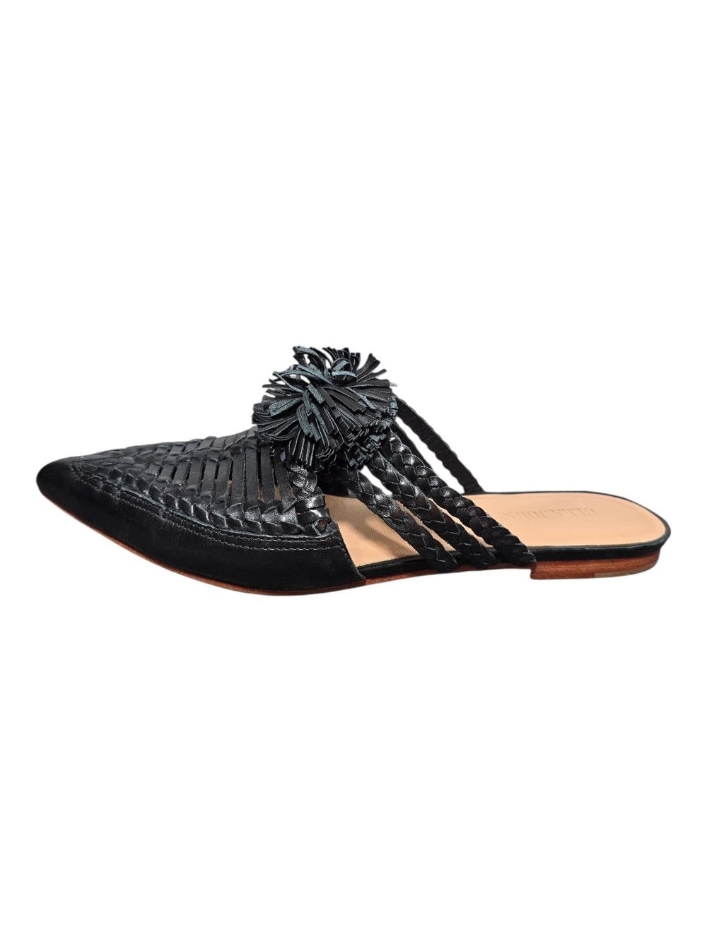 Ulla Johnson Woven Pointed Toe Black Leather Mule with Pom Detail